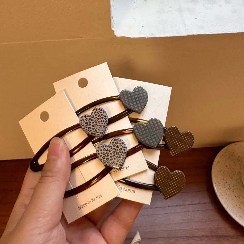 Korean Cute Heart Hair Clips, Leopard & Plaid Pattern Bangs Barrettes, Side Hair Pins for Broken Hair, Atmosphere Accessories