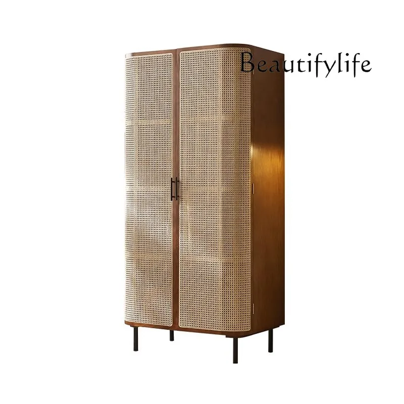 Nordic solid wood rattan wardrobe swing door Japanese-style small apartment retro wardrobe