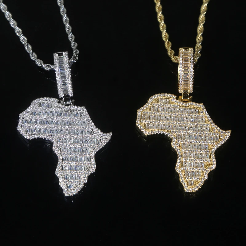 New Arrive Rectangle Cubic Zirconia CZ Paved Bling Africa Map Shaped Pendant Necklace Hip Hop Men Boy Cool Meaning Jewelry