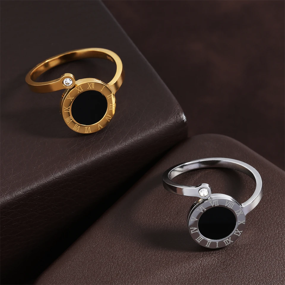 2pcs Ring Set Fashion Roman Numeral Open Rings For Women Black Round Adjustable Ring Party Jewelry