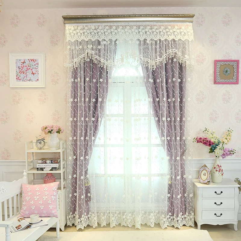 

Curtains for Bedroom Living Room Finished Pastoral Lace Embroidery Tulle Valance Window Yarn Pure Color High Shade