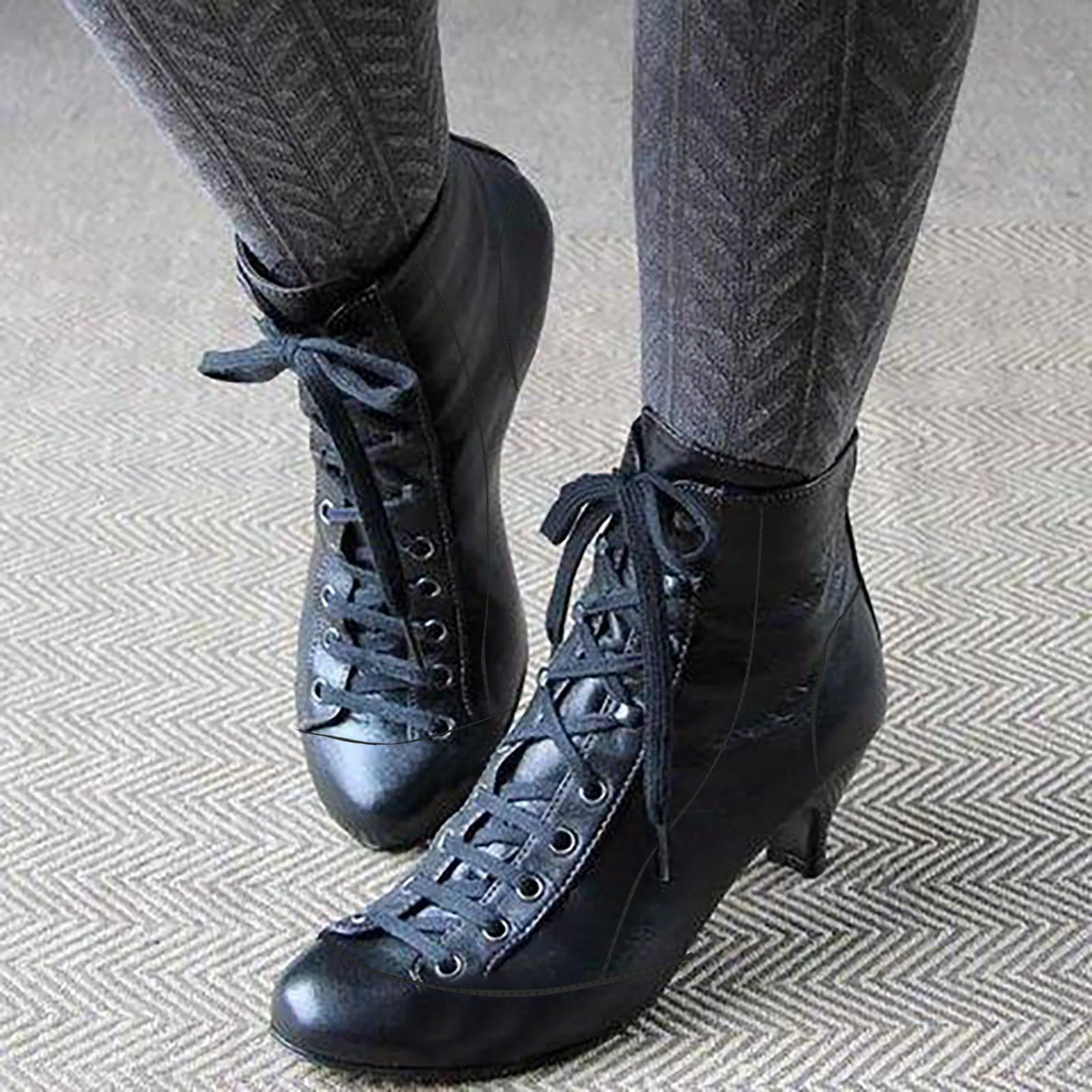 Women\'s Boots 2024 Autumn Winter Solid Color Tie Up Middle Heel Short Boots Fashion Round Toe Low Thin Heels Elegant Ladies Boot