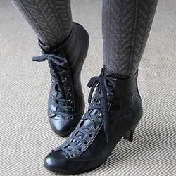 Women's Boots 2024 Autumn Winter Solid Color Tie Up Middle Heel Short Boots Fashion Round Toe Low Thin Heels Elegant Ladies Boot