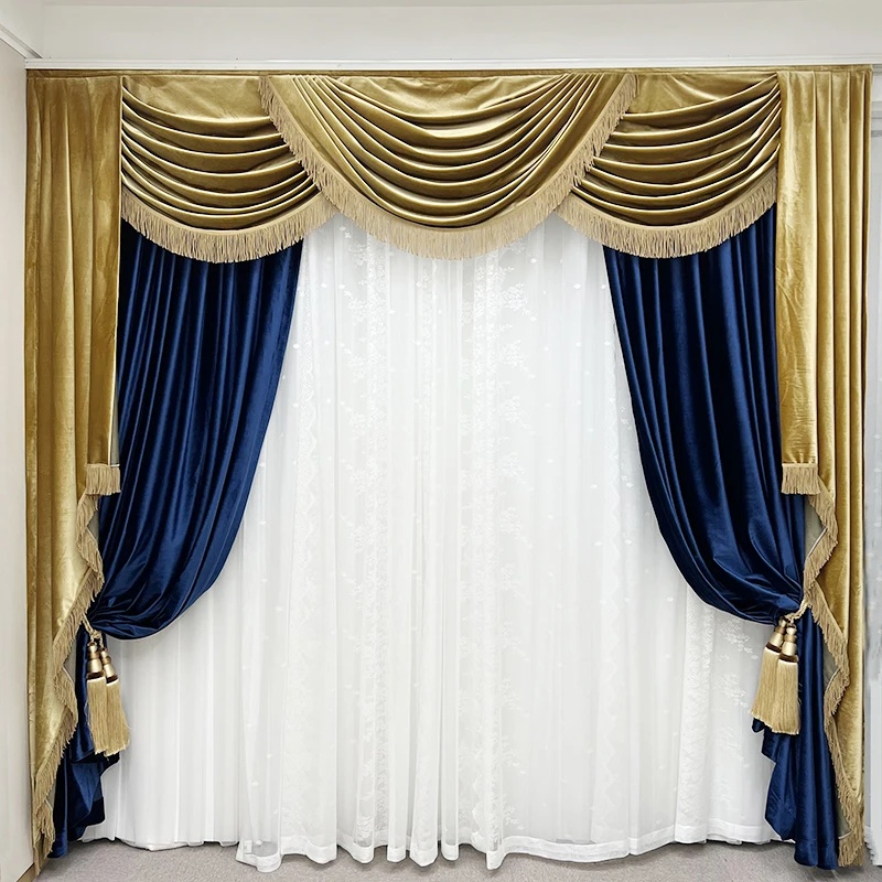 Custom upscale French luxury gold with blue living room bedroom velvet thick cloth valance blackout curtain tulle drape C1974