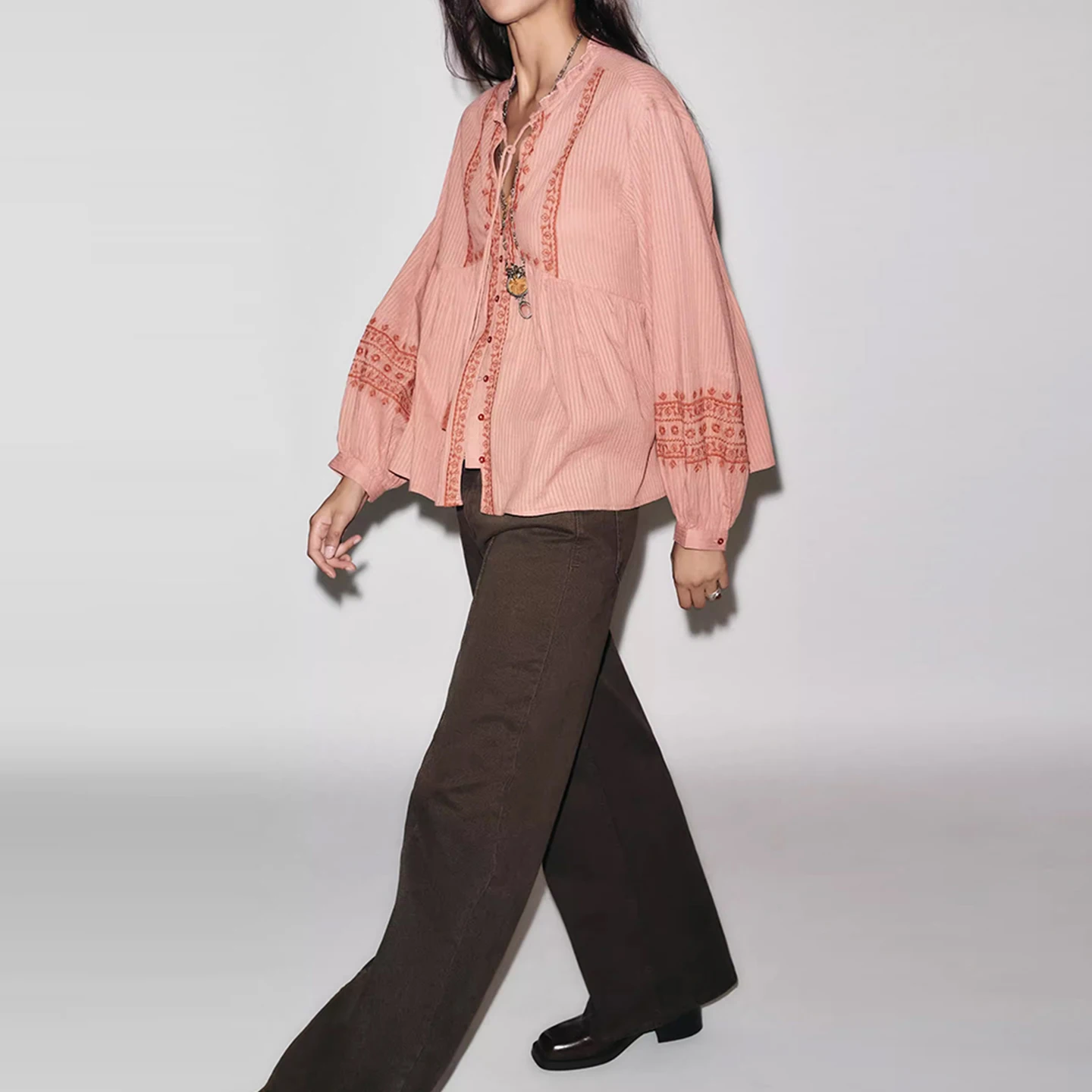 Casual geborduurde kleur Blo irt Dames Faion Herfst 2025Z Loose Fit Lange Sve Tie Taille Normale lengte