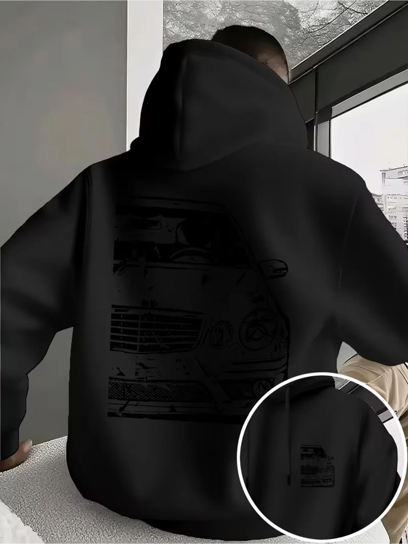 Retro distressed car print simple pattern men's hooded sweatshirt. Street hip-hop sporty casual street hooded hoodie.