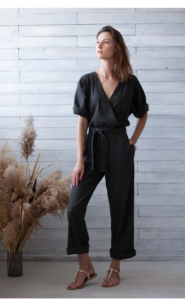 

Cotton linen mid-sleeve jumpsuit summer new thin fabric 9-point pants 5-point sleeves