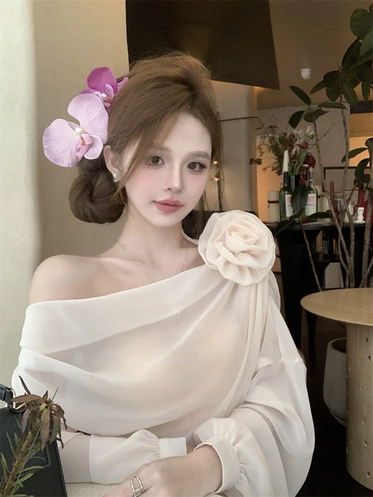 Long Sleeved Off Shoulder Chiffon Tops Women Spring 3D Flower Slim Y2k Shirts French Sweet Spicy Girl All Match Blouses