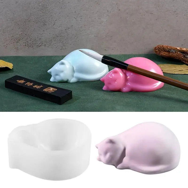 Pen Display Stand Mold Desk Pen Stand Mold In Sleeping Cat Design Lovely Kitten Statue Painting Writing Brush Rest Stand Molds