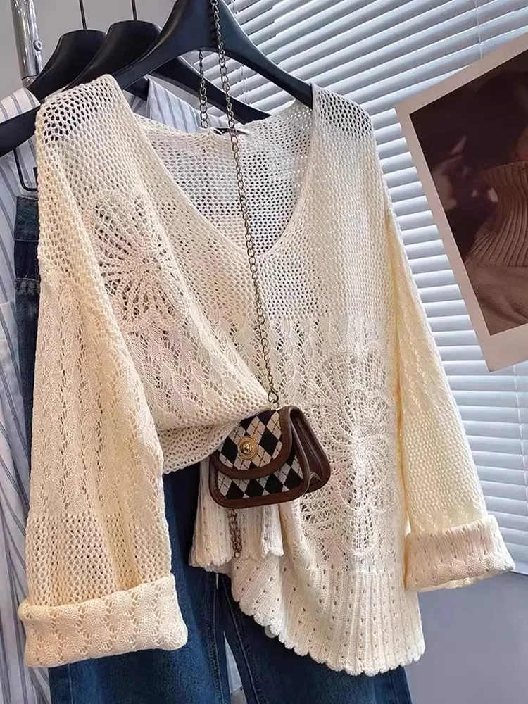 Top da donna alla moda lungo Sve lavorato a maglia scavato ricamato sciolto comodo casual Sle V-Ne primavera autunno Faion