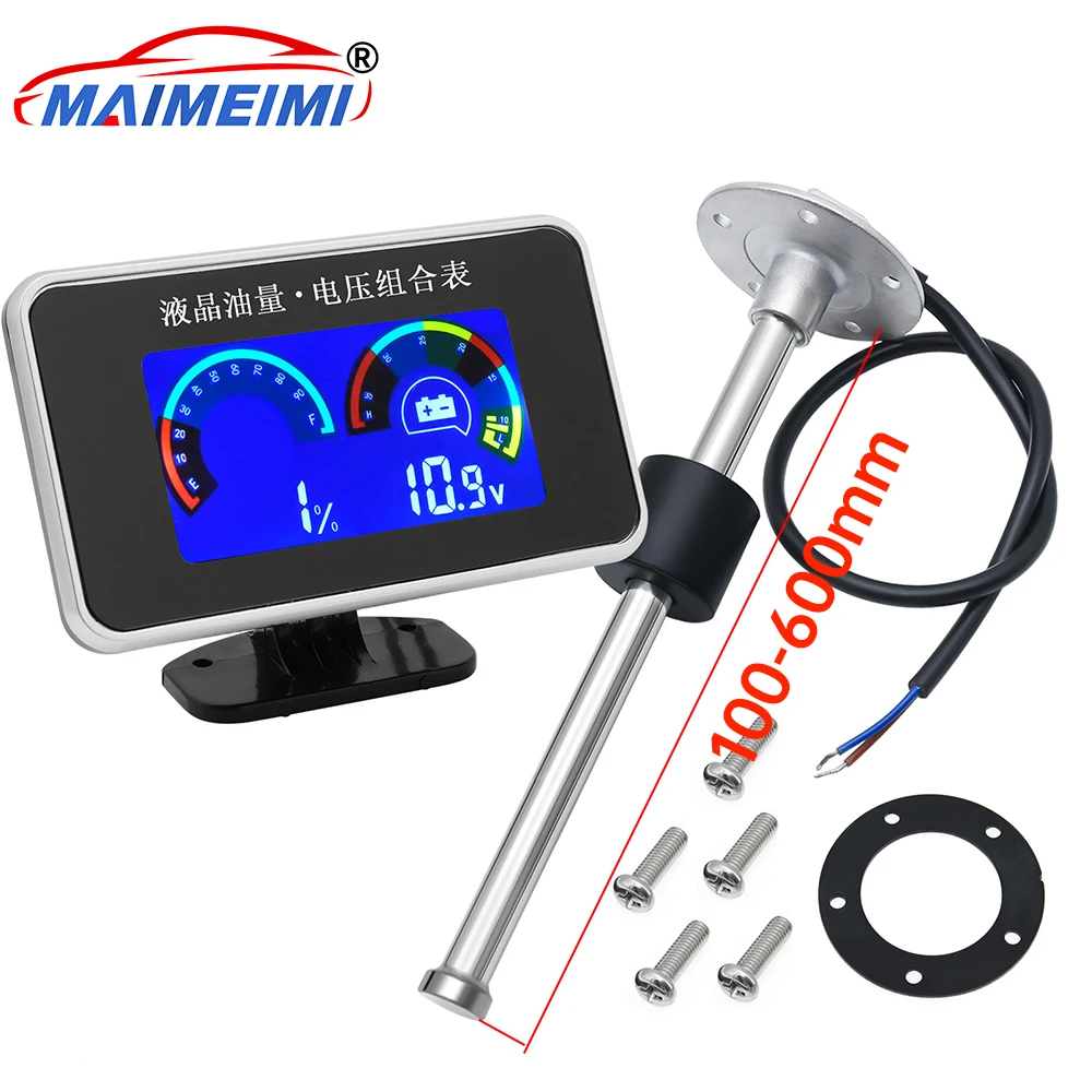 

12V/24V Car Truck LCD Digital Alarm Gauge 2 in 1 Fuel Level Gauge + Voltmeter with 100-600mm Fuel Level Sensor