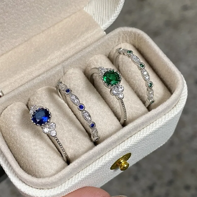 Huitan Sparkly 4Pcs/Set CZ Stackable Rings for Women Blue Green Crystal Statement Rings Set Christmas Party Gifts Accessories