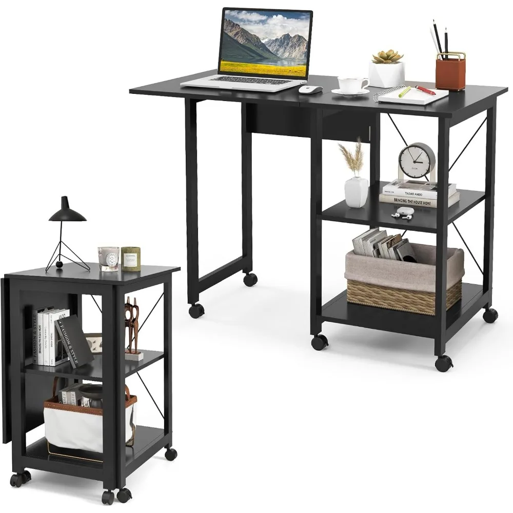 

Folding Computer Desk, Modern Writing Table w/ 2-Tier Storage Shelves, PC Laptop Study Table Workstation w/ 6 Wheels, S