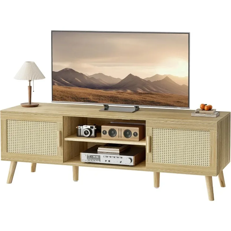 Fast Shipping.Boho TV Stand for 65 Inch TV , Media Console, Solid Wood Feet, 4 Cord Holes, for Living Room - Natural