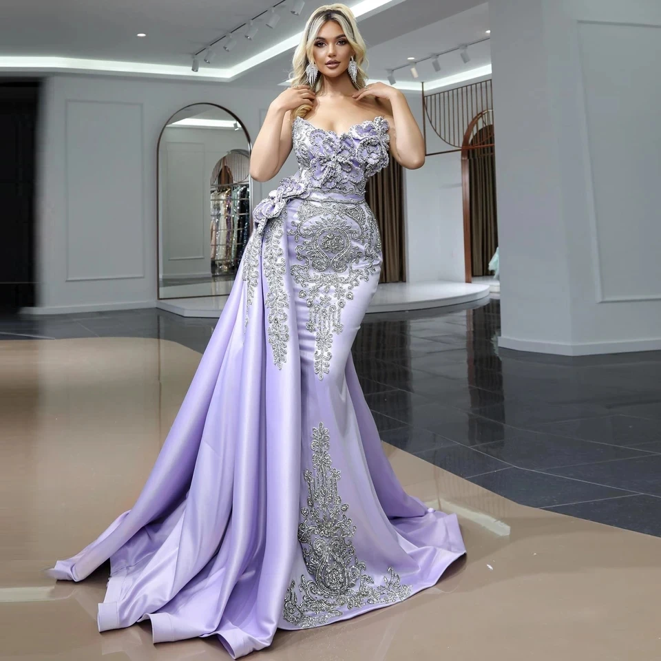 Exquisite Purple Evening Dress For Women Mermaid Appliques Crystal Beaded Sleeveless Floor Length Detachable Train Elegant Gown