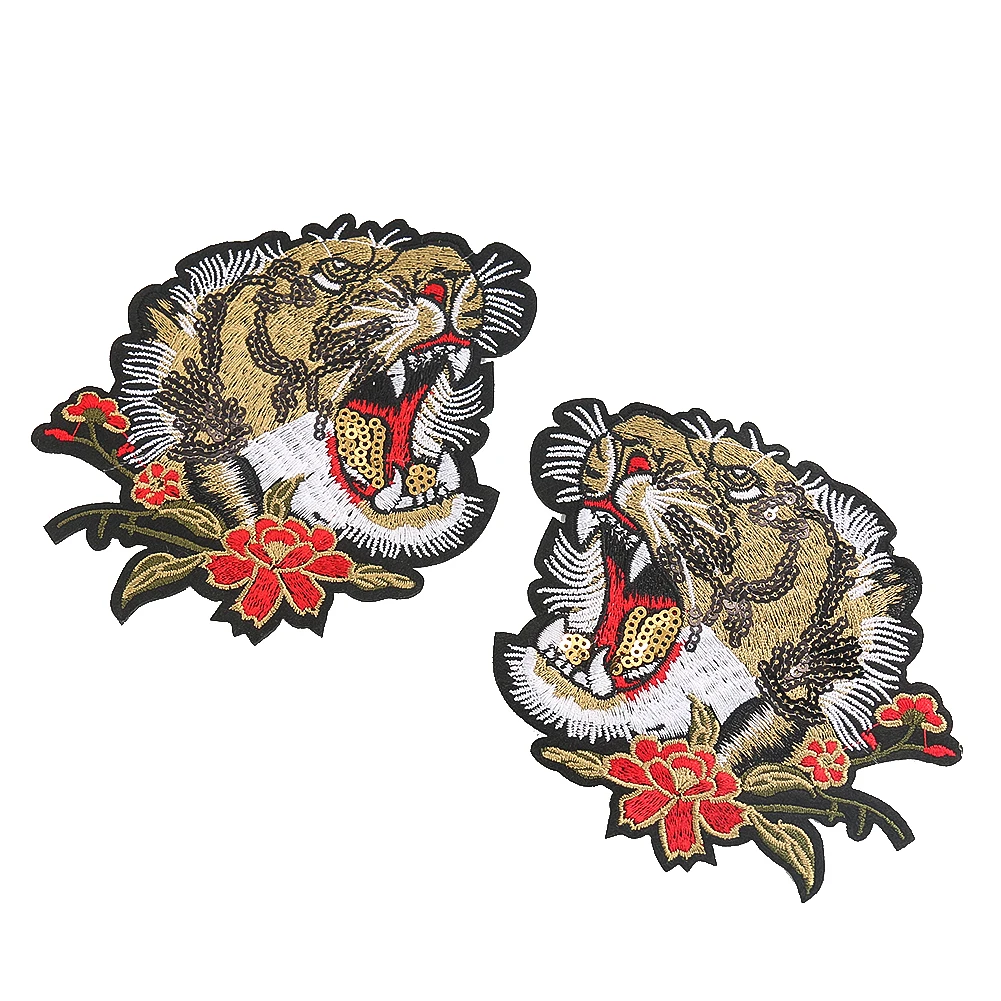 1 Pair Flower Tiger Head Patches Animal Fabric Appliques Embroidery Sequins Iron on Patch for Clothing Badges Clothes Stickers