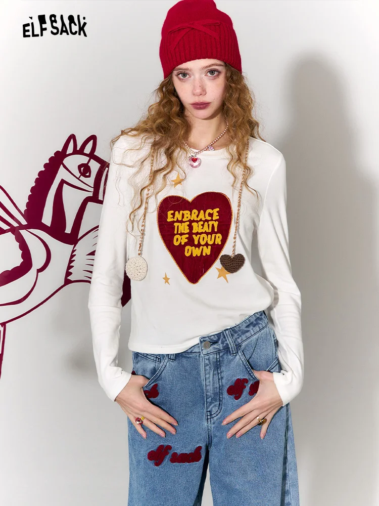 

Sweet Style Long Sleeve T-Shirt Women's Winter Inner Wear Top Heartbeat Rhythm Splicing Design New Year's Battle Robe