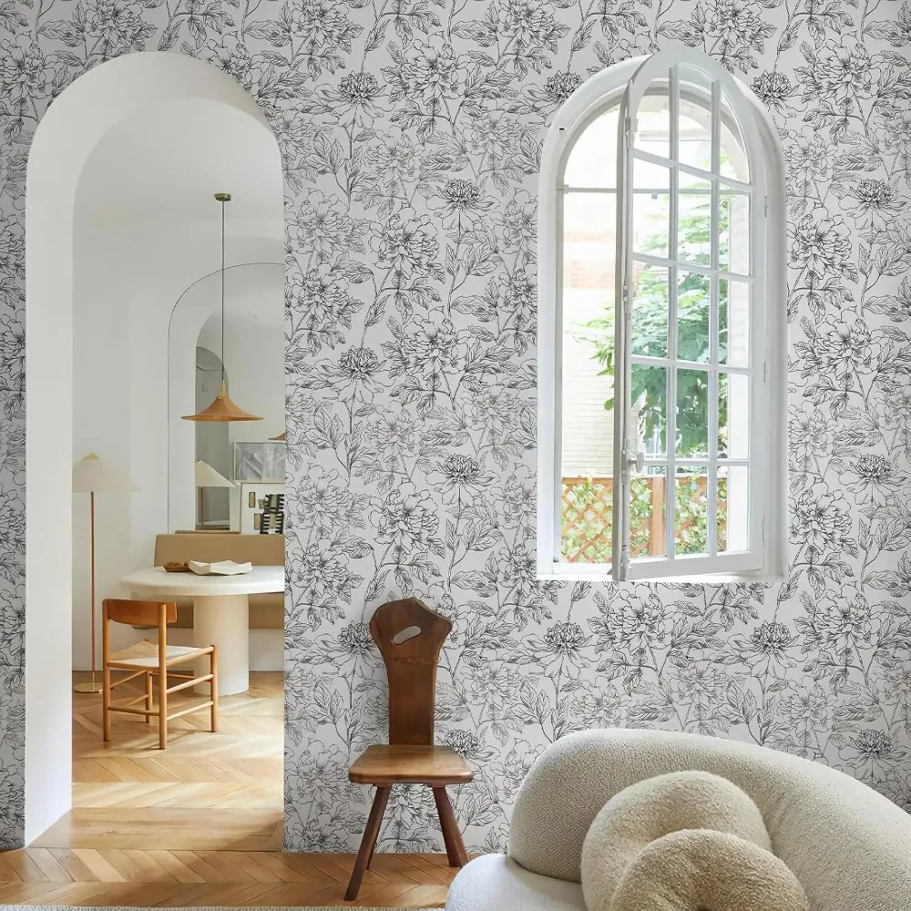 ورق جدران قابل للإزالة بالزهور باللونين الأبيض والأسود، مقاس 17.3 × 800، تصميم الفاوانيا المطلي لسهولة تزيين الجدران