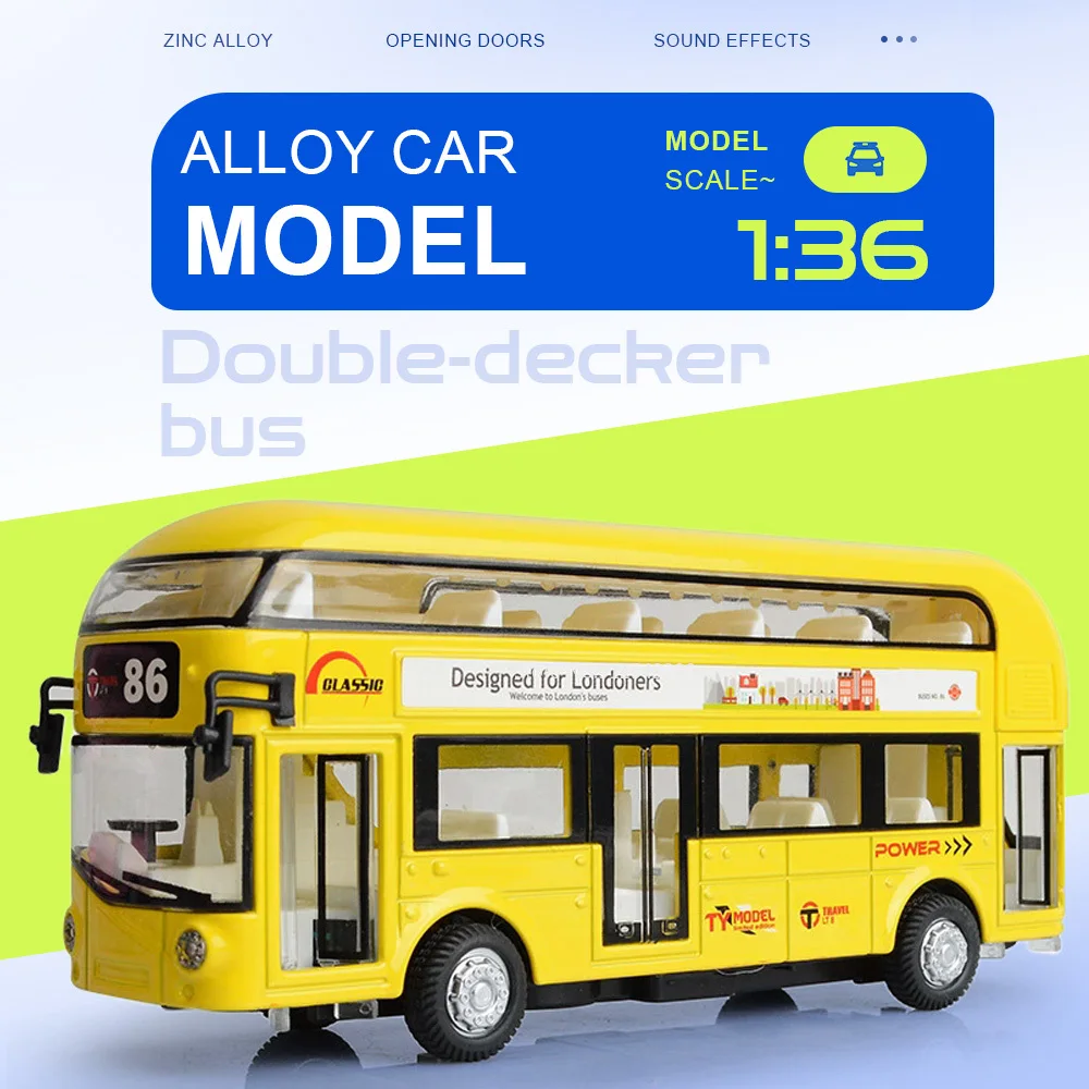 1:36 Double-decker Bus Car Model Toy Doors Opened Pull Back Miniature Models Sound Light Rubber Tires Vehicle Home Decorations