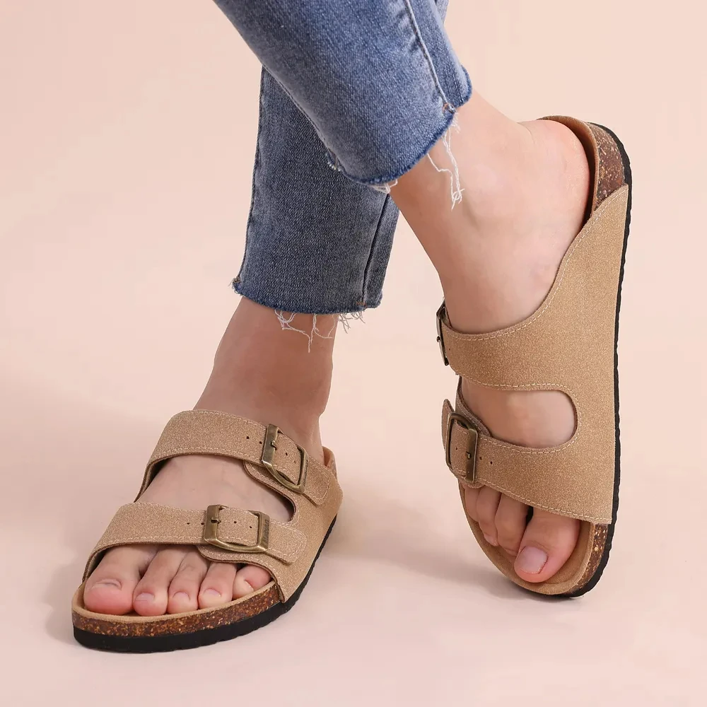 Sandálias Crestar Cork Footbed para homens e mulheres, chinelos novos clássicos de cor sólida com suporte de arco, chinelos de camurça