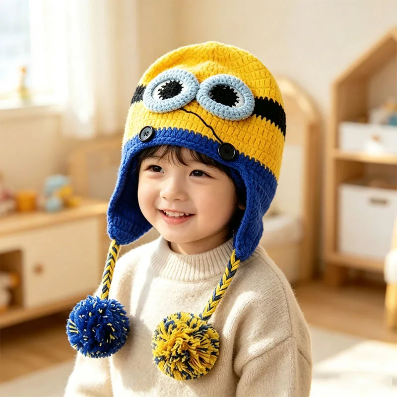 Minioned Hot New Handmade Crochet Ear Protection Hat Beanie Ski Mask Caps Beanie Accessories Hat with Earflaps Birthday Gifts view 2