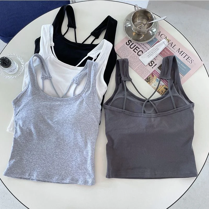 2024Summer New Women Fashion Cross Beautiful Back Halter Vest With Chest Pad With Slim Body Outside To Wear Sportswear Short Top