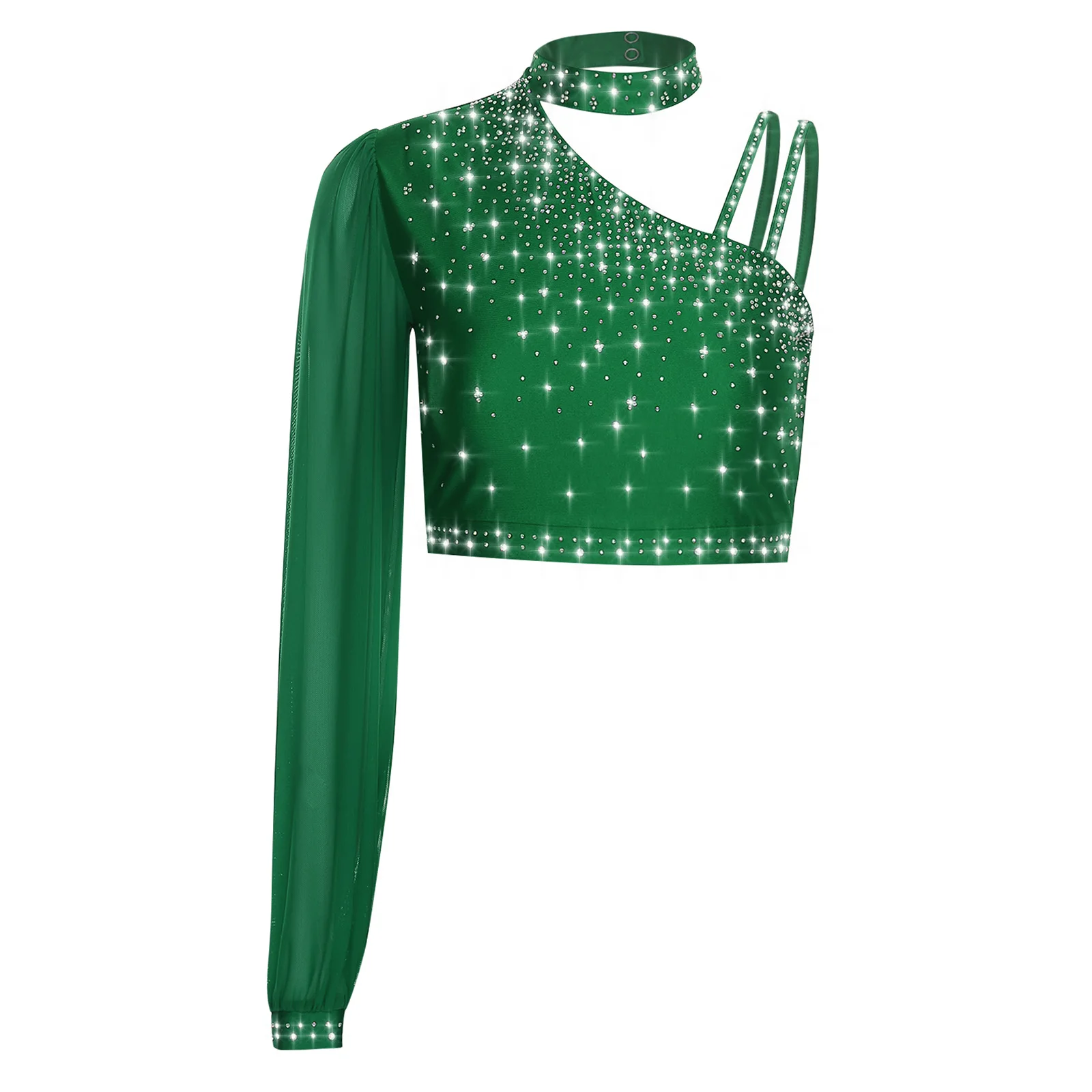 

Womens Lyrical Artistic Modern Dance Costume Sheer Mesh Long Sleeve Shiny Rhinestone Belly Dance Crop Tops Belly Latin Dancewear