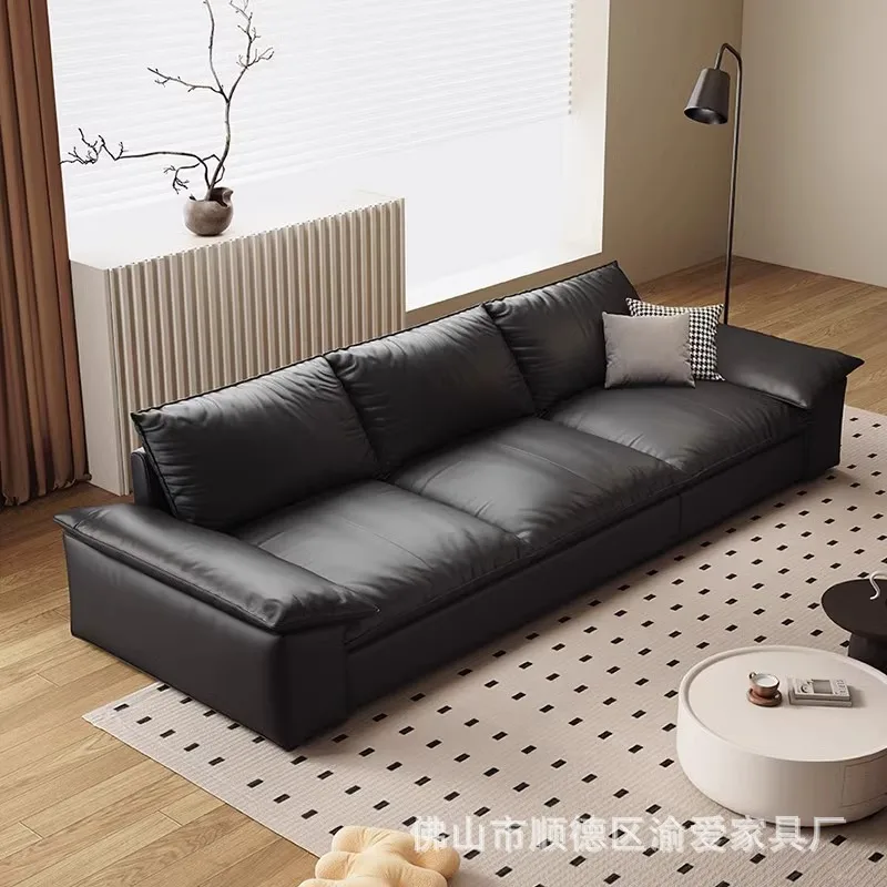 

Modern Italian Leather Leather Sofa Minimalist Living Room Straight Row First Layer Cowhide Sitting Four Wide Down Sofa