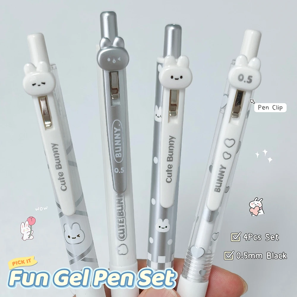 4 Pcs Cute Rabbit Gel Pen Set 0.5mm Fun & Silent Pen Creative Black Quick-Drying Pens for Study & Office Use