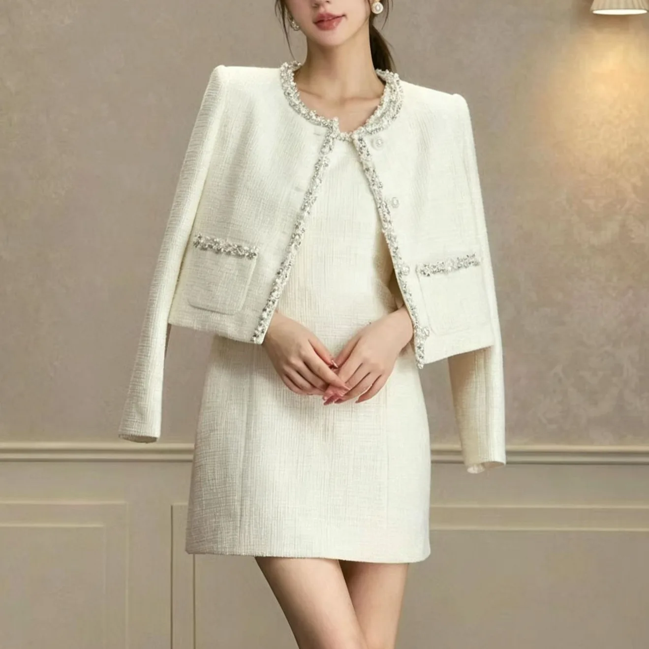 Women's Fashion Two-piece Jacket Set Diamond O Neck Sleeveless Slimming Mini Dress & Single Breasted Jacket Set Autumn Wear - view 5