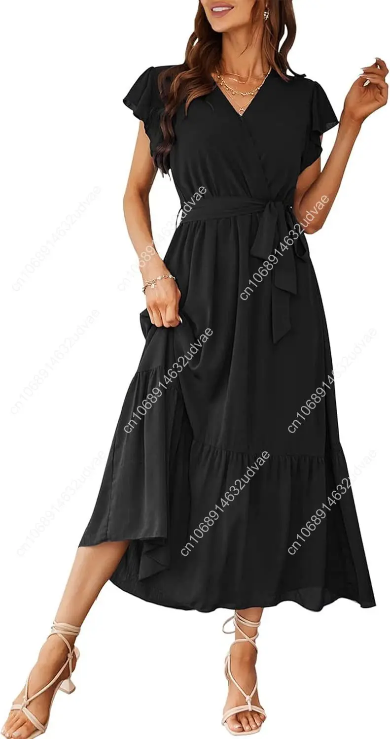 

Women's Summer Floral Boho Maxi Dress Wrap Short Sleeve V Neck Ruffle A-Line Flowy Wedding Guest Long Dresses