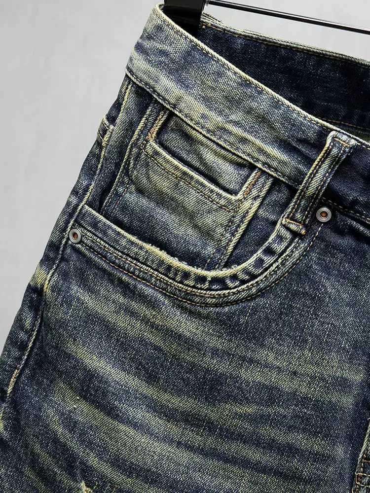 Summer Trendy Fashion Men Jeans High Quality Retro Black Elastic Ripped Short Jeans Patched Vintage Designer Denim Shorts Men