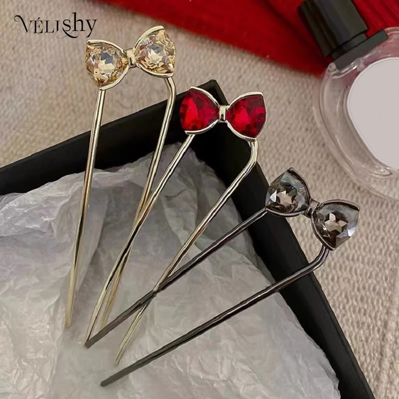 Exquisite Bow Rhinestone U-shaped Hairpin Simple Fork Alloy Hair Ornament Versatile Hair Accessory For Woman Girls Ponytail