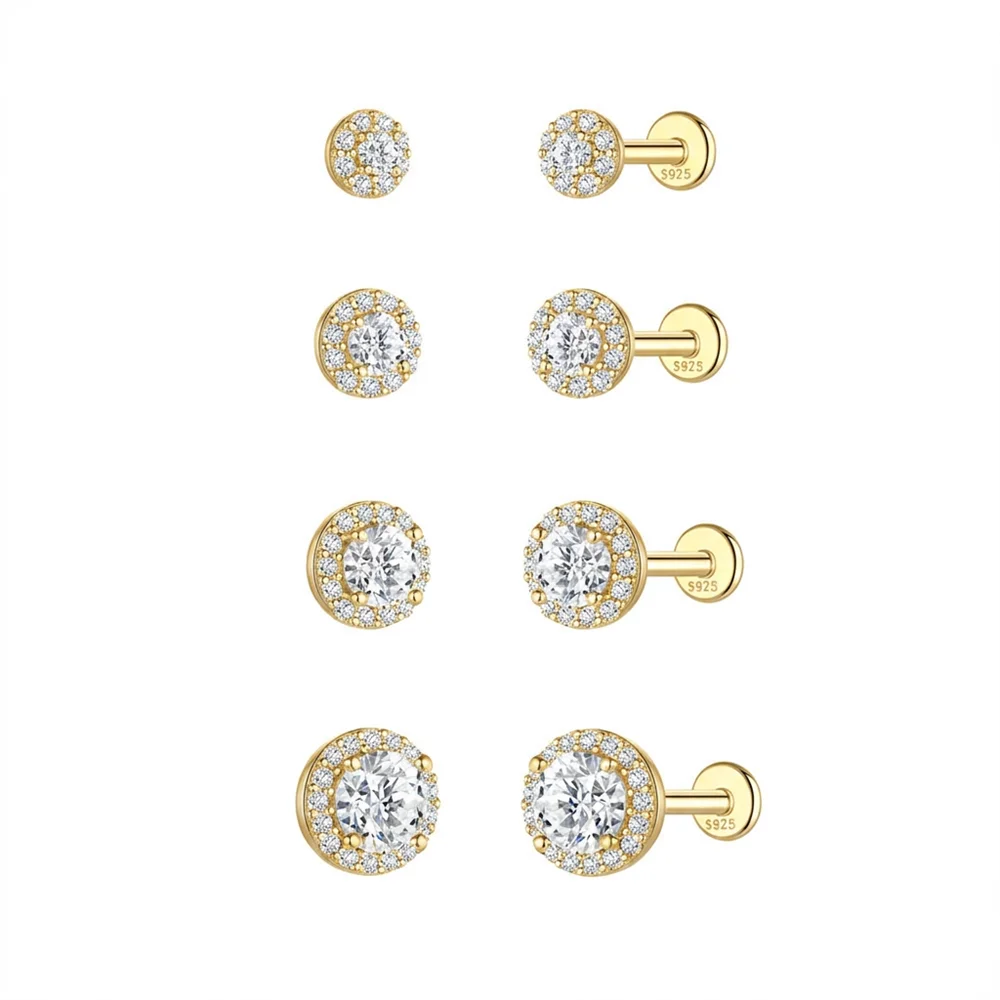 Aide 1 Stück 925 Sterling Silber Moissanit Halo Piercing Ohrstecker mit Schraubverschluss, rund, für Knorpel, 2-4 mm, für Damen und Herren – Detail 5