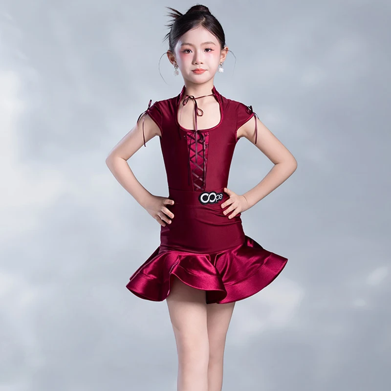 สาวเต้นรําละตินเครื่องแต่งกายเด็ก Samba การฝึกอบรมเสื้อผ้าเสื้อผ้าเต้นรําละตินไวน์แดง Fishbone กระโปรงชุด XH2753