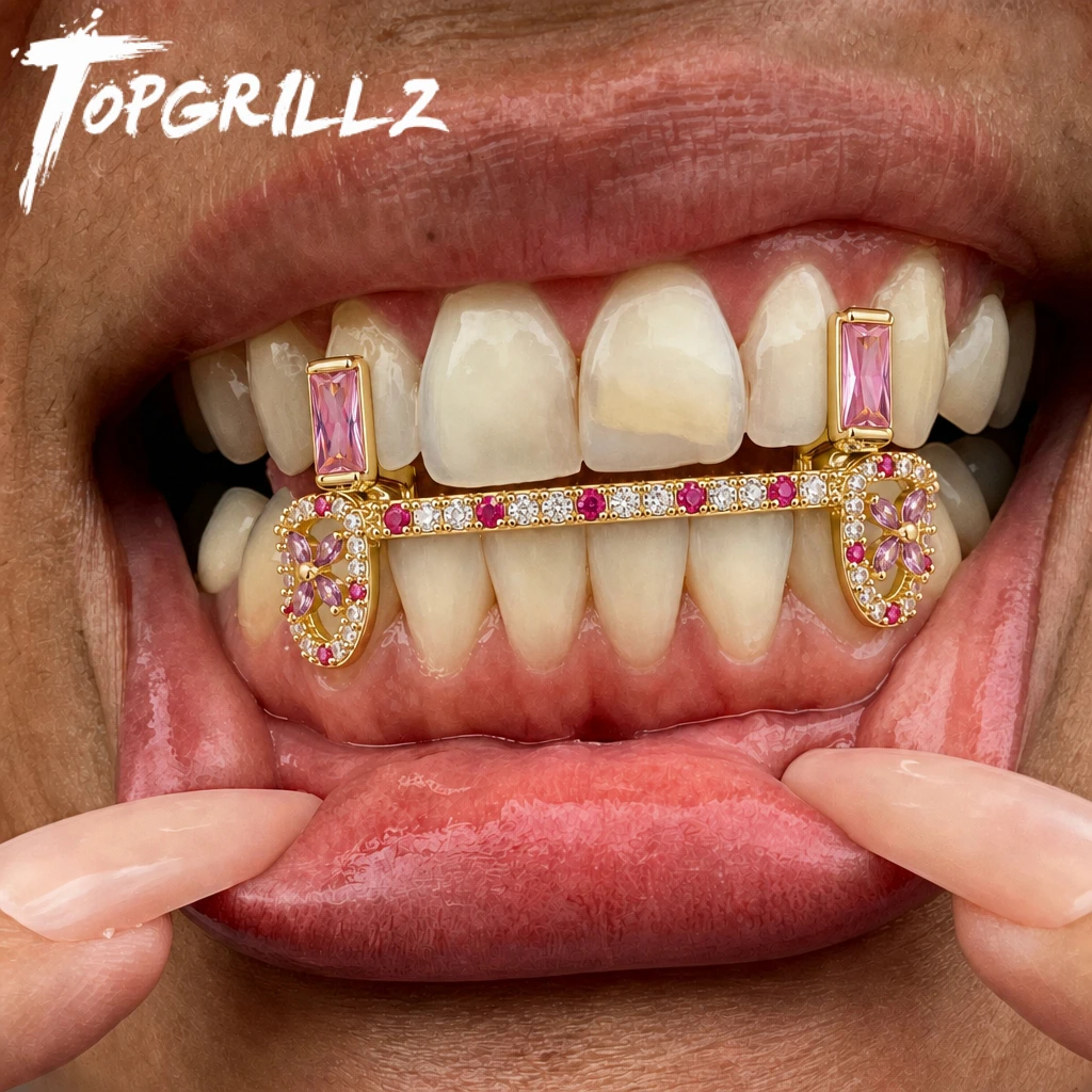 topgrillz-conjunto-de-3-pecas-de-grillz-hip-hop-y2k-verde-rosa-com-zirconia-cubica-barra-inferior-trevo-e-joia-para-dente-Unico-superior-cravejado-joias-dentarias-para-homens-e-mulheres