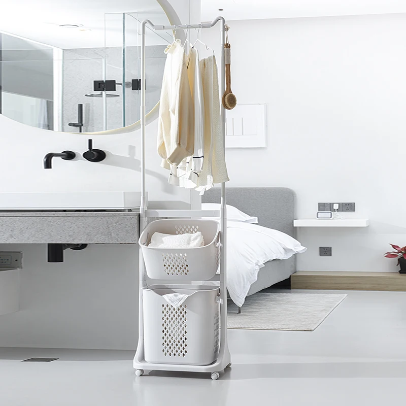 

Vertical Mobile Laundry Rack Towel/Clothes Sorting Organizer with Lift Baskets Wheels Compact Bathroom Storage Cart Space-saving