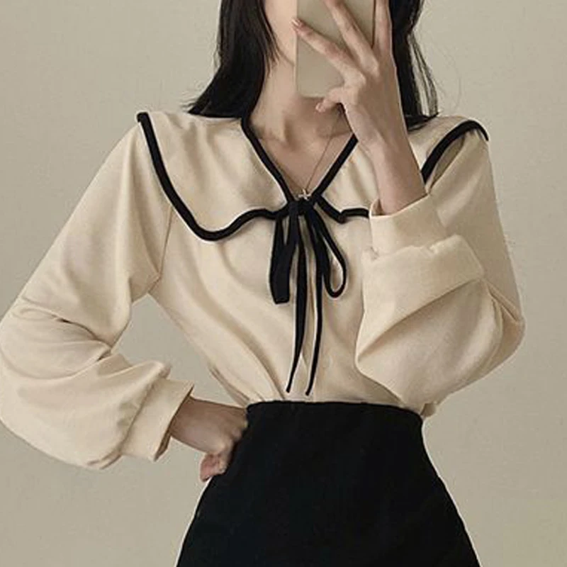 Korea Women Chiffon Shirt Elegant Turn-down Collar Autumn Long Sleeve Single-breasted Female Blouse Sweet Tops Casual Streetwear