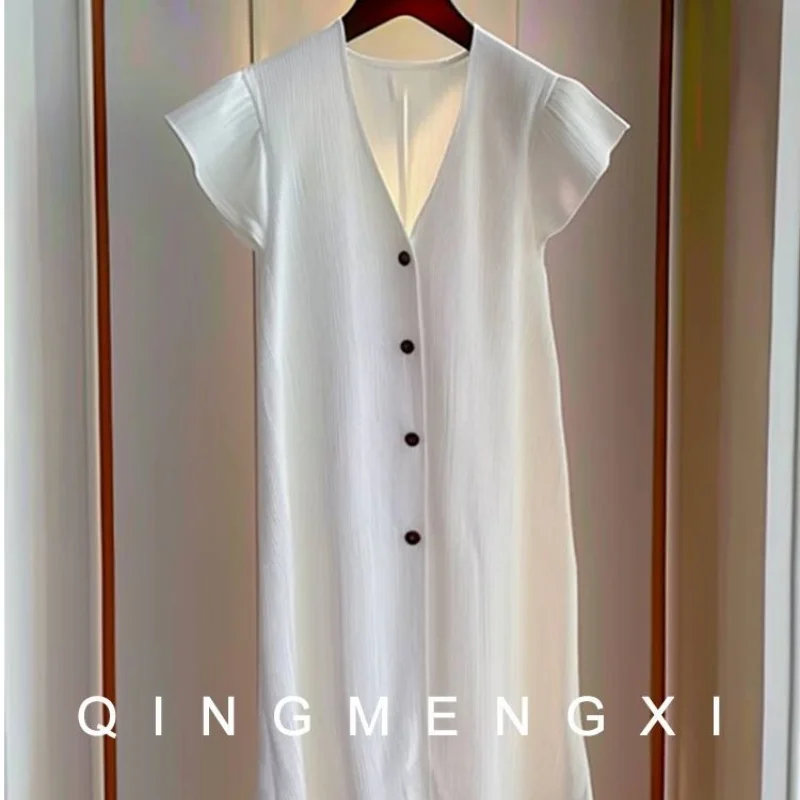 夏春白 V ネックドレス女性韓国ファッションフライングスリーブシングルブレストストレート Vestidos ルーズカジュアルミディドレス