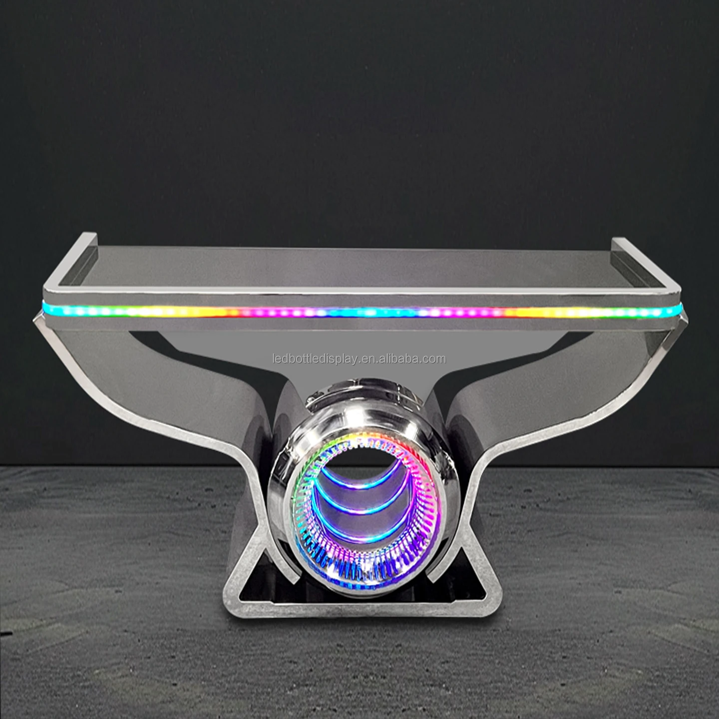 LiqVis Mobile Contemporary Luxury DJ Booth Table Personalized Logo LED Mirror Chrome Steel Stage Console for Party Event