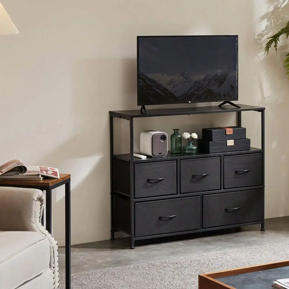 

5 Fabric Drawer Dresser TV Stand For Bedroom, Entertainment Center For 45 Inch TV With Storage Drawer Unit, Open Shelf, Adjusta
