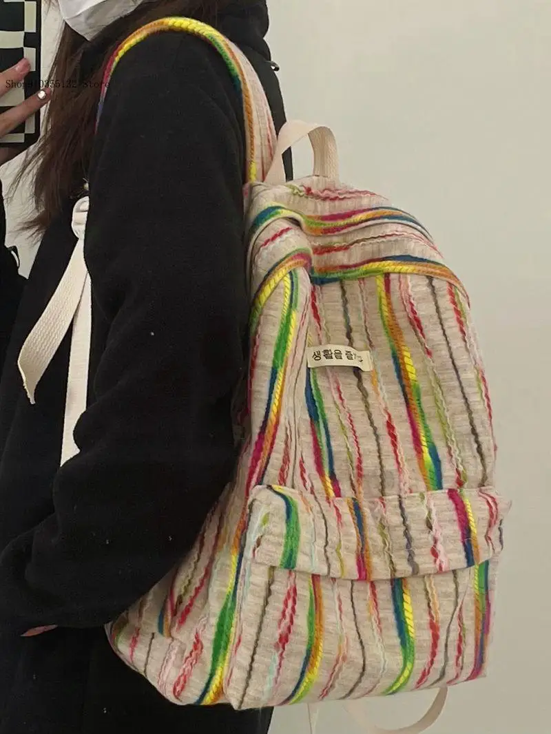 Casual Commuting Striped Original Niche Rainbow Stripe Backpack Japanese Versatile Book Bag for Female Students