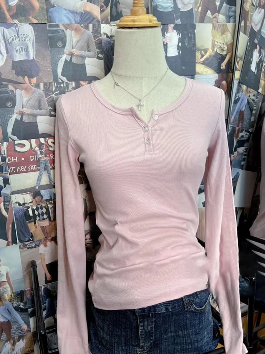 

Vintage Button Ribbed Long Sleeve Tees Women Autumn Casual Round Neck Pink Cotton Y2k Tops Vintage Sweet Slim T Shirt For Women