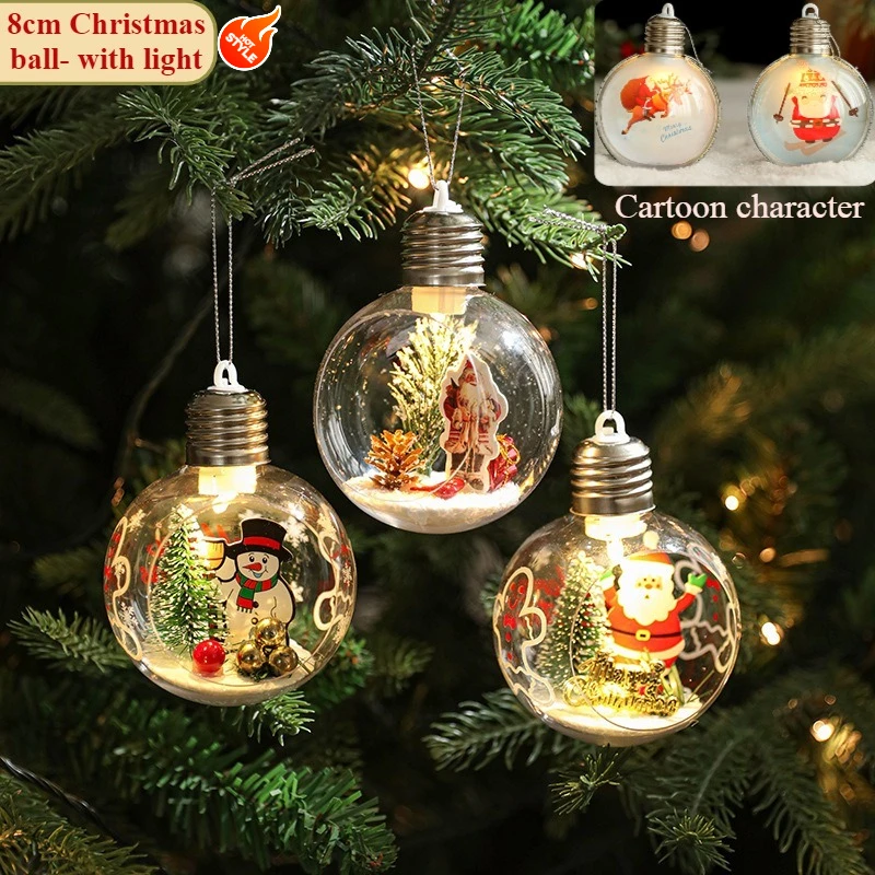 8CM Christmas Ball Santa Claus Pendant with Light Transparent Hanging Ball Christmas Tree Pendant for Christmas Decoration Ball