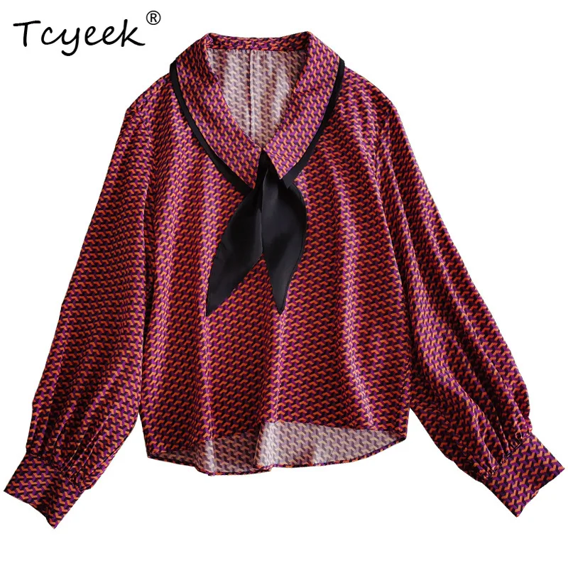 

Tcyeek, 17MM 100%Real Silk Shirt, Women Lantern Sleeve Geometry Printed, French Ribbon Commute Blouse, 2024 Spring T43283QC