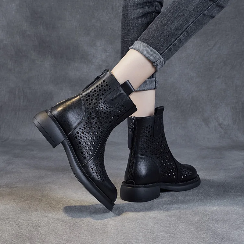 Dkanol letnie fajne buty damskie z prawdziwej skóry z okrągłym noskiem oddychające buty z grubym obcasem damskie Chelsea Boots na co dzień