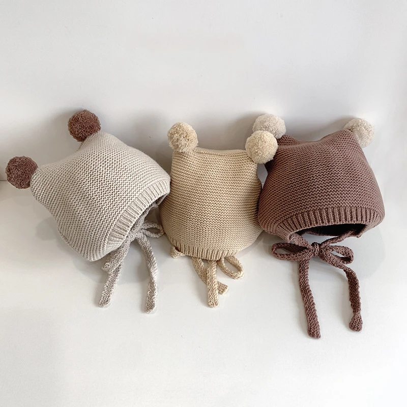 Cartoon Doppel Pompon Baby Hut Winter warm weich gestrickt Kinder Mütze Hüte einfarbig Gehörschutz Kleinkind Mützen