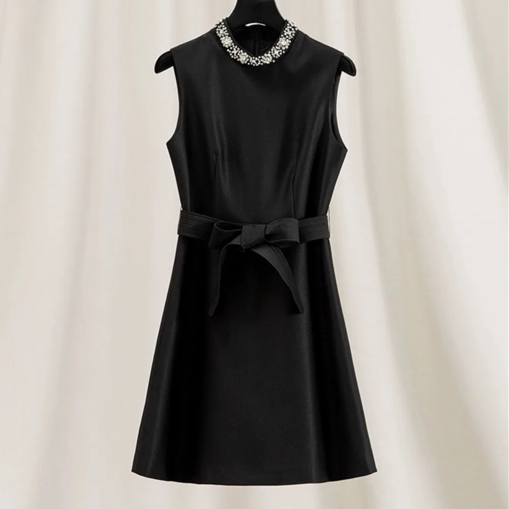 

French Luxury Black Vest Dress Satin Waist Band Rhinestone Elegant Slim Fit