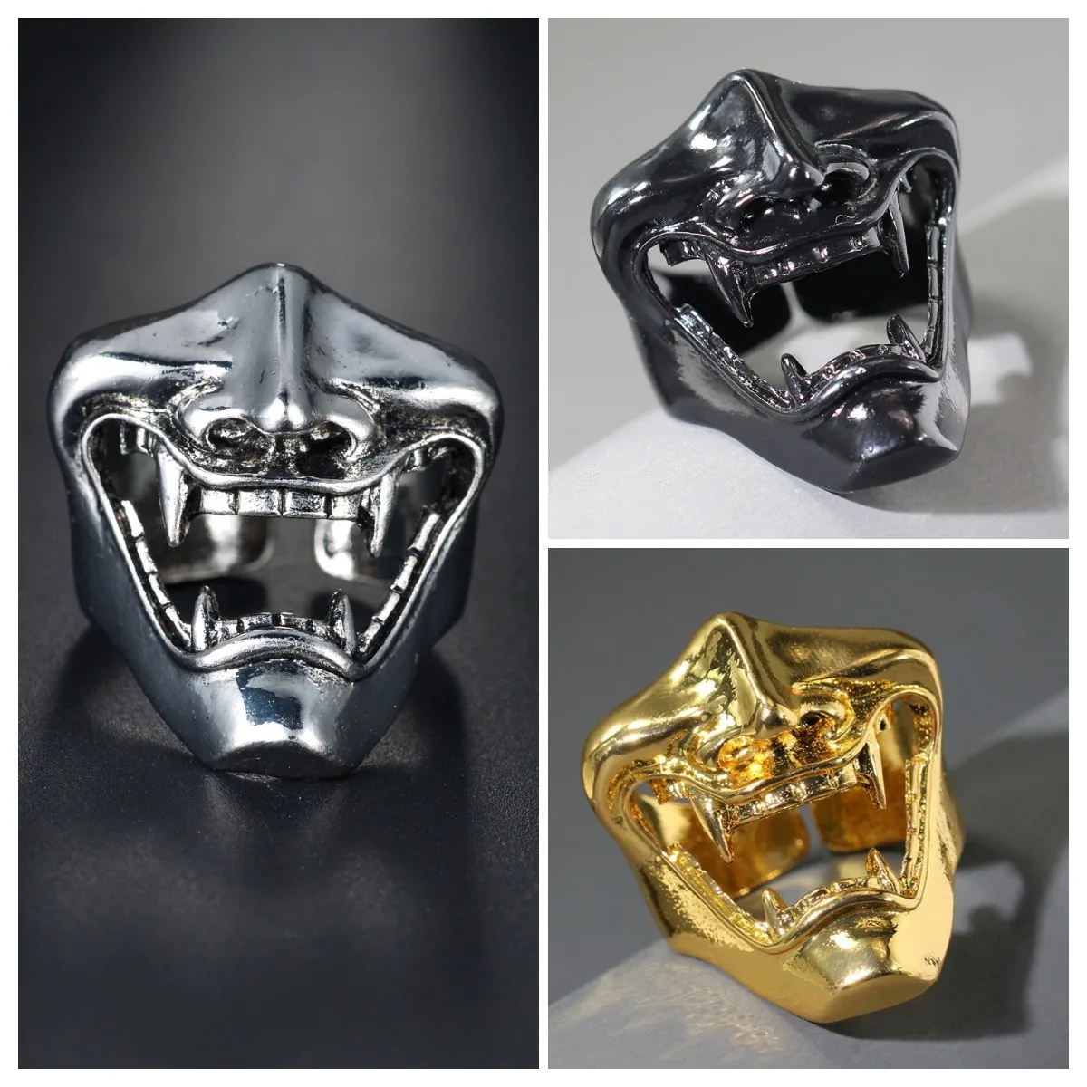 Gothic Teeth Vampire Ring For Men Women Retro Creative Hiphop Half Face Skull Mask Rings Punk Party Jewelry