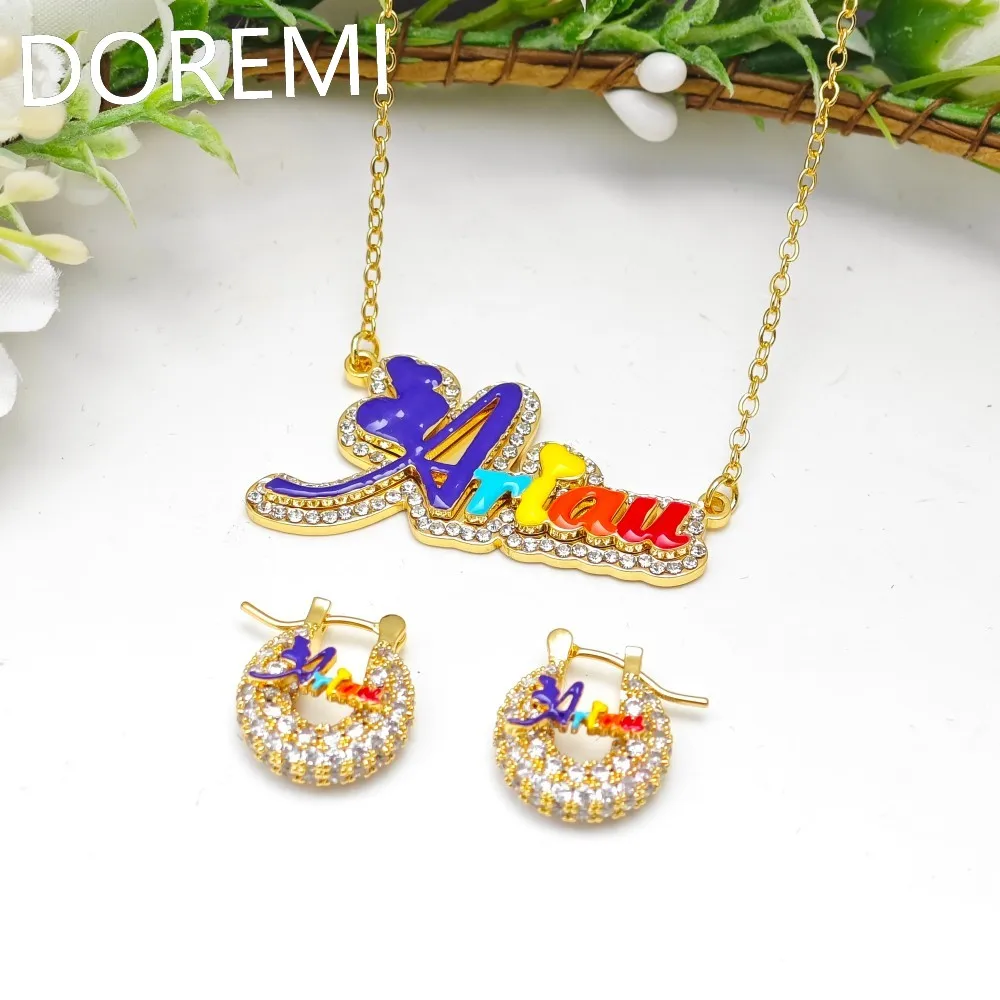 

DOREMI персонализированные ювелирные изделия, подарок для девочек, детский комплект, красочное имя, серьги с кристаллами и цирконами, ожерелье-кольцо